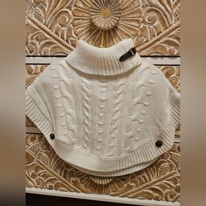 Janie and Jack Cream Cable-Knit Turtleneck Poncho with Chocolate Brown Details